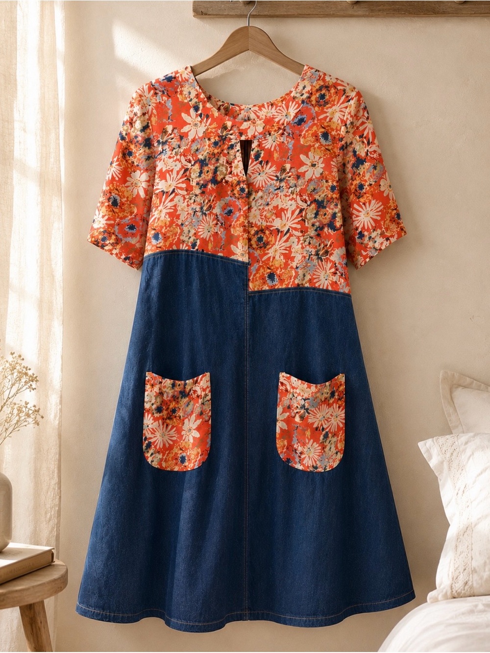 Floral Orange & Blue Denim A-Line Women's Dress